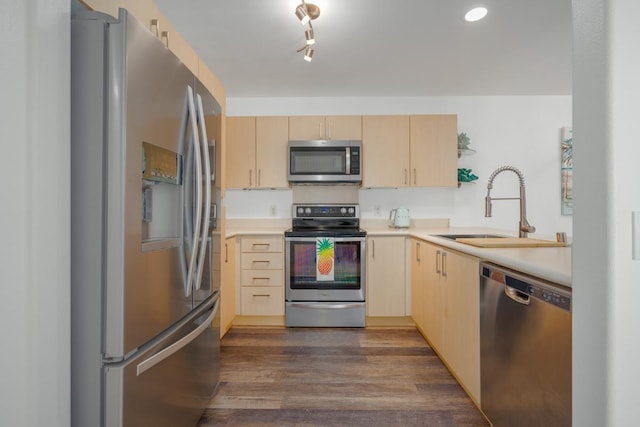68-3932 Ehu Kai Loop Unit 3403, Waikoloa, HI 96738 - kitchen featuring appliances with stainless steel finishes, light brown cabinets, light countertops, dark wood-type flooring, and recessed lighting