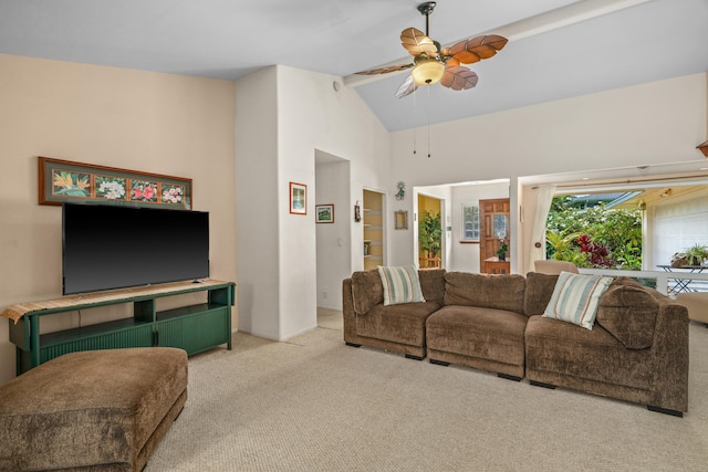 2364-C Hulemalu Rd, Lihue, HI 96766 - living room with light colored carpet, ceiling fan, and high vaulted ceiling