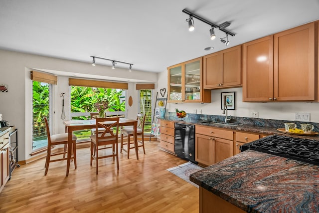 2364-C Hulemalu Rd, Lihue, HI 96766 - kitchen with track lighting, black appliances, light wood-style flooring, and glass insert cabinets