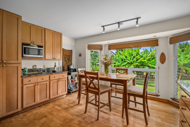 2364-C Hulemalu Rd, Lihue, HI 96766 - kitchen featuring stainless steel microwave, healthy amount of natural light, dark countertops, and rail lighting
