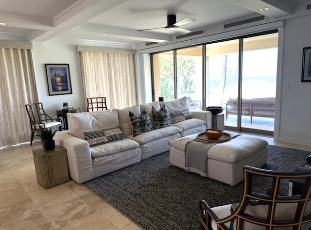 62-3600 Amaui Pl Unit J101, Kamuela, HI 96743 - living room featuring ceiling fan, beamed ceiling, and light tile patterned flooring