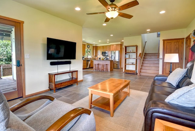 39 Kula Pl Unit 1, Hilo, HI 96720 - living area with stairway, recessed lighting, a ceiling fan, and light tile patterned floors