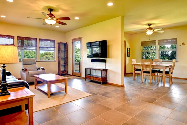39 Kula Pl Unit 1, Hilo, HI 96720 - living area featuring a ceiling fan, plenty of natural light, tile patterned flooring, and recessed lighting