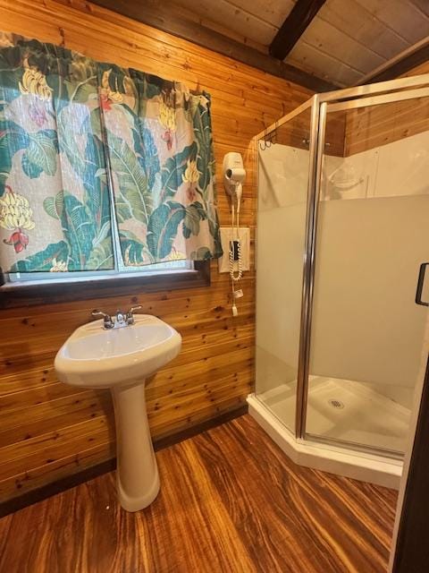 18-2026 Mahena St, Volcano, HI 96785 - full bathroom featuring a shower stall, wood finished floors, wood walls, and a wood ceiling with exposed beams