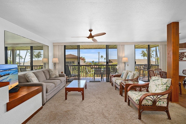 1870 Hoone Rd Unit 511, Koloa, HI 96756 - carpeted living room with a ceiling fan, healthy amount of natural light, and a textured ceiling