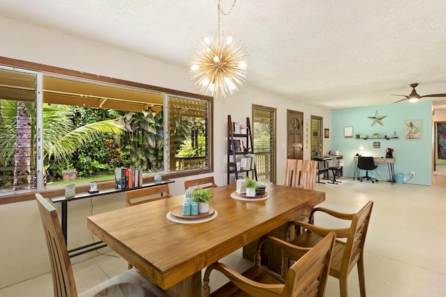 16-295 Orchidland Dr, Kurtistown, HI 96760 - dining area featuring a textured ceiling, a chandelier, an office area, and ceiling fan