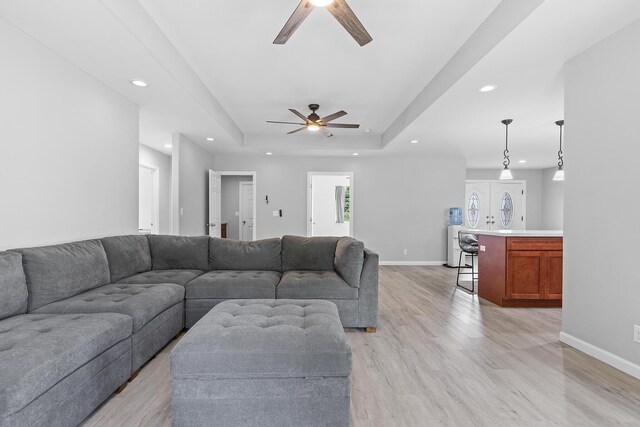 15-1730 29th Ave, Keaau, HI 96749 - living room featuring a ceiling fan, recessed lighting, a raised ceiling, and light wood-style flooring