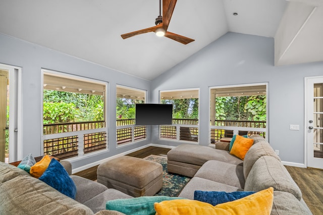2895 Wawae Rd, Kalaheo, HI 96741 - living room with ceiling fan, wood finished floors, and high vaulted ceiling