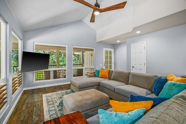 2895 Wawae Rd, Kalaheo, HI 96741 - living room with hardwood / wood-style flooring, high vaulted ceiling, and ceiling fan