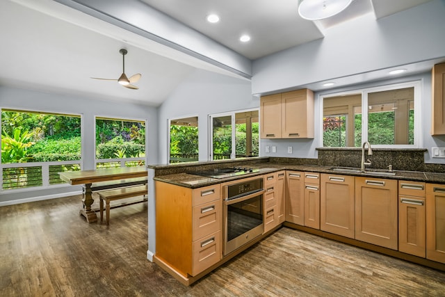 2895 Wawae Rd, Kalaheo, HI 96741 - kitchen featuring stainless steel oven, dark wood-type flooring, black electric stovetop, dark stone countertops, and high vaulted ceiling