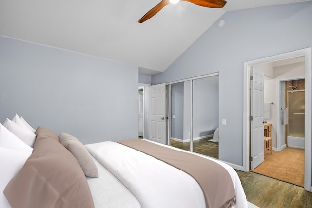 2895 Wawae Rd, Kalaheo, HI 96741 - bedroom with a closet, vaulted ceiling, ceiling fan, ensuite bath, and wood finished floors