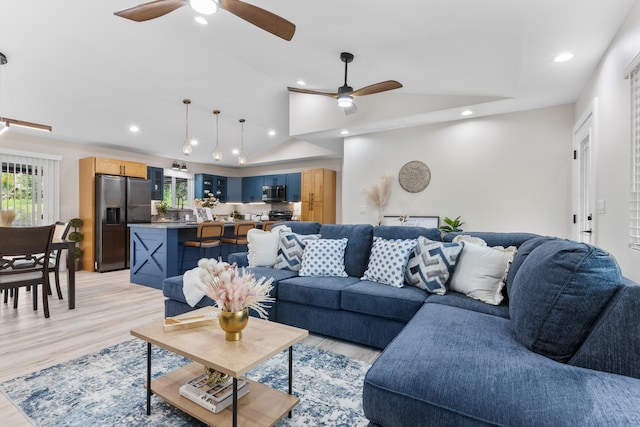 15-1408 13th Ave, Keaau, HI 96749 - living room with ceiling fan, recessed lighting, light wood-style floors, and lofted ceiling