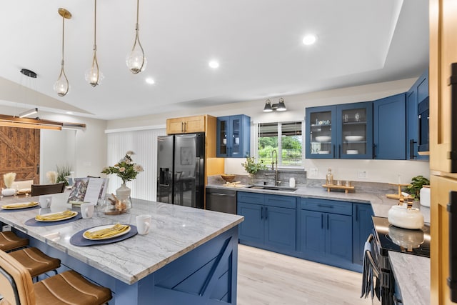 15-1408 13th Ave, Keaau, HI 96749 - kitchen featuring fridge with ice dispenser, blue cabinets, dishwasher, and recessed lighting