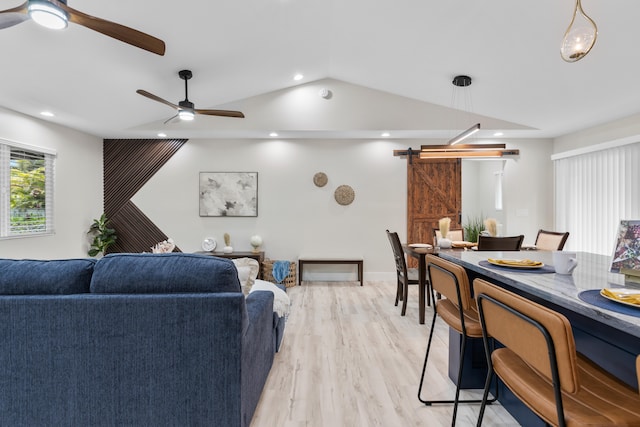 15-1408 13th Ave, Keaau, HI 96749 - living room with ceiling fan, lofted ceiling, light wood-style floors, recessed lighting, and a barn door