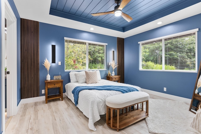 15-1408 13th Ave, Keaau, HI 96749 - bedroom with a tray ceiling, wooden ceiling, wood finished floors, and ceiling fan