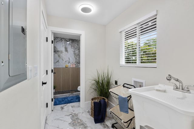 15-1408 13th Ave, Keaau, HI 96749 - bathroom featuring marble look tile flooring, electric panel, and a walk in shower