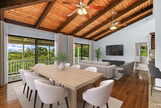 4460 Kai Ikena Dr, Kalaheo, HI 96741 - dining space featuring a wood ceiling with exposed beams, light wood finished floors, a ceiling fan, and high vaulted ceiling