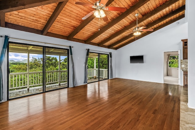 4460 Kai Ikena Dr, Kalaheo, HI 96741 - unfurnished living room featuring a ceiling fan, a wood ceiling with exposed beams, wood finished floors, and high vaulted ceiling