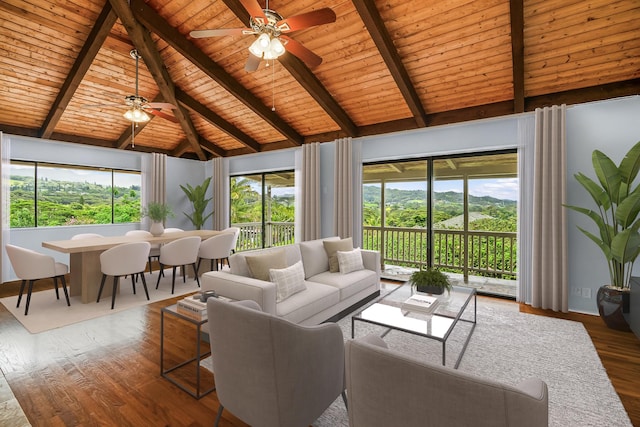 4460 Kai Ikena Dr, Kalaheo, HI 96741 - living room featuring a wooden ceiling with exposed beams, wood finished floors, a ceiling fan, and high vaulted ceiling