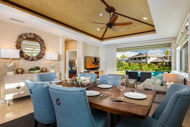 68-1122 Kaniku Dr Unit 426, Kamuela, HI 96743 - dining area with a raised ceiling, ceiling fan, healthy amount of natural light, tile patterned floors, and recessed lighting
