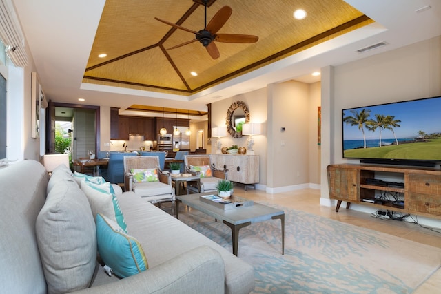 68-1122 Kaniku Dr Unit 426, Kamuela, HI 96743 - living area with a raised ceiling, recessed lighting, ceiling fan, and light tile patterned floors