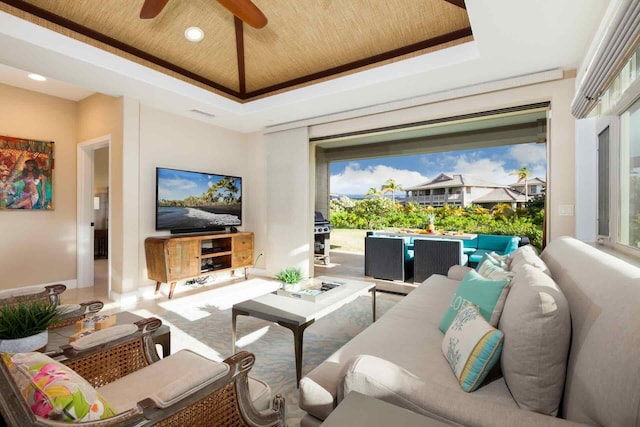 68-1122 Kaniku Dr Unit 426, Kamuela, HI 96743 - living room with a raised ceiling, a ceiling fan, and recessed lighting