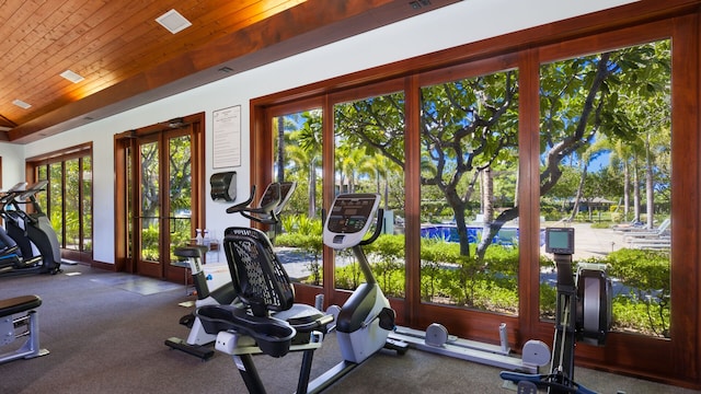 68-1122 Kaniku Dr Unit 426, Kamuela, HI 96743 - exercise room with wooden ceiling and carpet floors