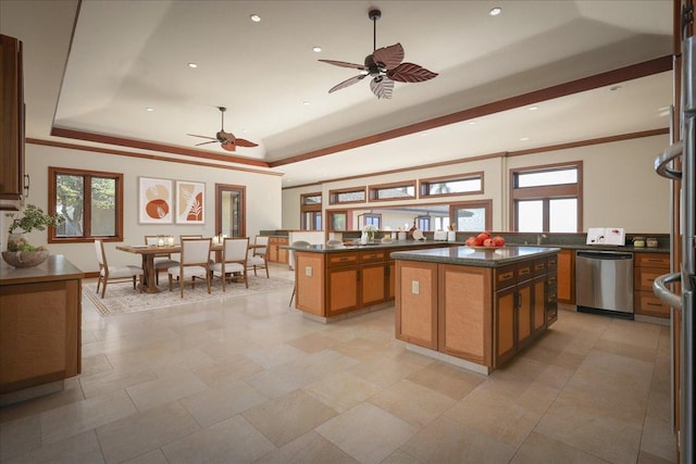 81-580 Kaiue St, Kealakekua, HI 96750 - kitchen with dishwasher, a tray ceiling, ceiling fan, a center island, and dark countertops