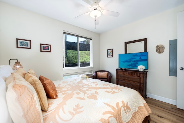 75-5919 Alii Dr Unit M3, Kailua-Kona, HI 96740 - bedroom with wood finished floors, electric panel, and a ceiling fan