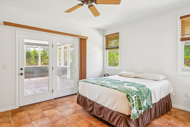2645 Keoki Pl, Kalaheo, HI 96741 - bedroom with access to outside, multiple windows, a ceiling fan, and light tile patterned floors