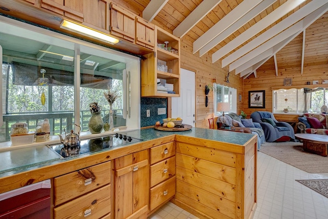 11-3119 Alii Anela St, Volcano, HI 96785 - kitchen with black electric stovetop, wood walls, open shelves, wooden ceiling, and open floor plan
