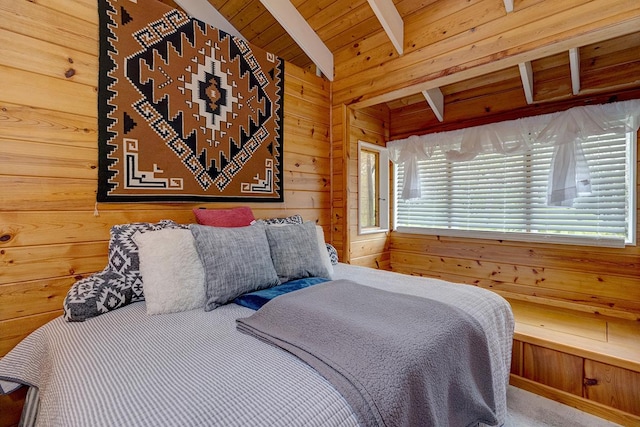 11-3119 Alii Anela St, Volcano, HI 96785 - bedroom featuring wood walls, carpet floors, and a wood ceiling with exposed beams