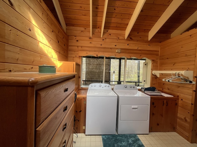 11-3119 Alii Anela St, Volcano, HI 96785 - laundry area with wooden walls, wooden ceiling, and washing machine and clothes dryer