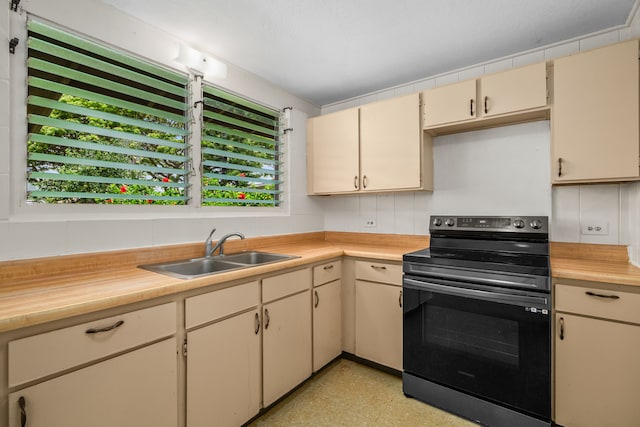 3878 Mamaki St, Koloa, HI 96756 - kitchen featuring stainless steel electric range, light flooring, healthy amount of natural light, and cream cabinets