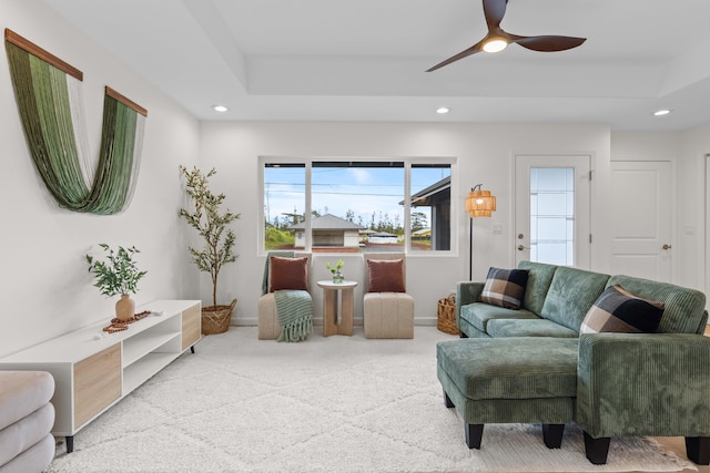 16-2072 Kuhio Dr, Pahoa, HI 96778 - carpeted living area featuring a raised ceiling, recessed lighting, and a ceiling fan