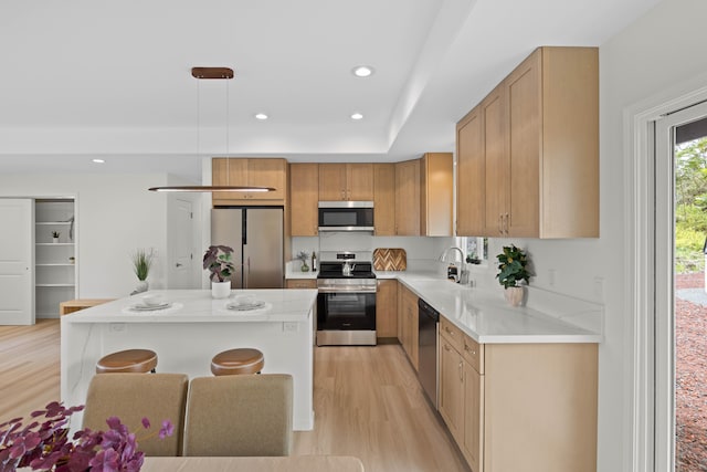 16-2072 Kuhio Dr, Pahoa, HI 96778 - kitchen featuring stainless steel appliances, light wood-style floors, a kitchen breakfast bar, a center island, and light countertops