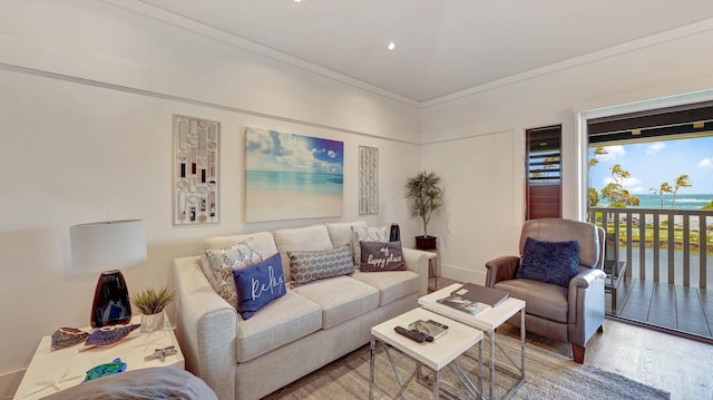 2253 Poipu Rd Unit 216, Koloa, HI 96756 - living room featuring a water view, ornamental molding, and wood finished floors
