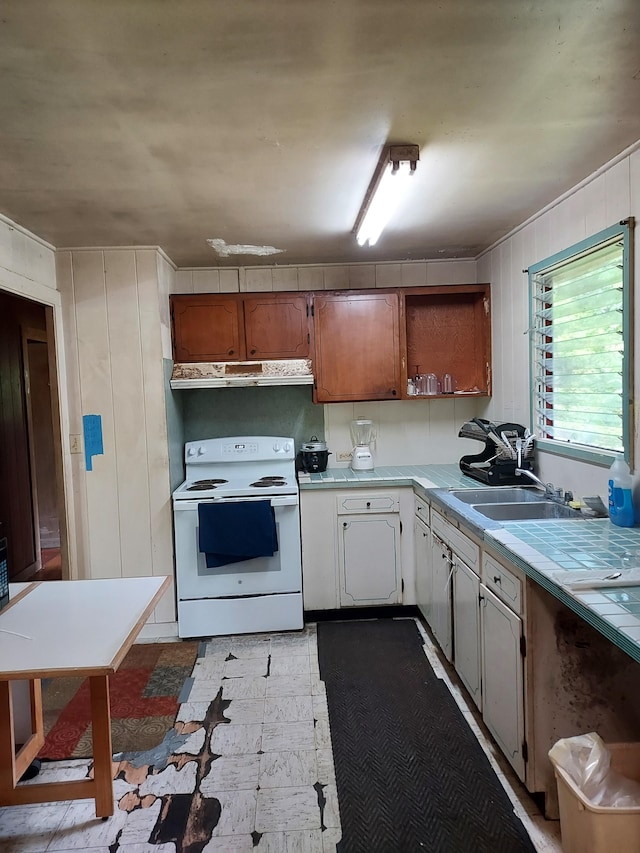 17-4136 Kukui Camp Rd, Mountain View, HI 96771 - kitchen featuring electric stove, under cabinet range hood, light flooring, and tile countertops