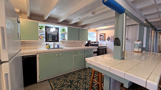 82-6047 Puuhonua Rd, Captain Cook, HI 96704 - kitchen with range with electric cooktop, green cabinets, freestanding refrigerator, beam ceiling, and dishwasher