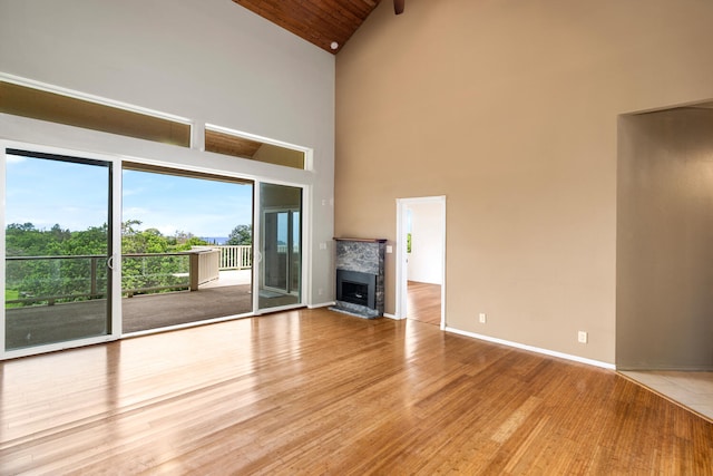 79-1145 Kao Rd, Holualoa, HI 96725 - unfurnished living room with light wood finished floors, high vaulted ceiling, a fireplace with raised hearth, and wooden ceiling