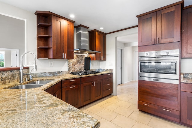 79-1145 Kao Rd, Holualoa, HI 96725 - kitchen with oven, wall chimney exhaust hood, open shelves, gas stovetop, and light stone counters