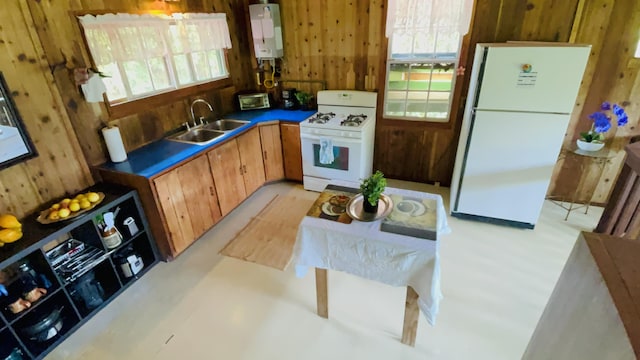 11-3170 Anuhea St, Volcano, HI 96785 - kitchen with white appliances, water heater, healthy amount of natural light, wood walls, and dark countertops