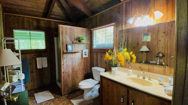 11-3170 Anuhea St, Volcano, HI 96785 - full bathroom with vanity, vaulted ceiling, wooden walls, and a shower