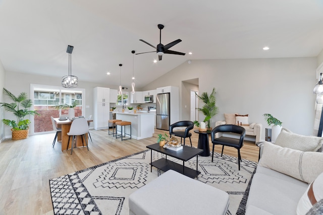 16-2148 Pukalani Dr, Pahoa, HI 96778 - living room featuring a ceiling fan, light wood-style floors, lofted ceiling, and recessed lighting
