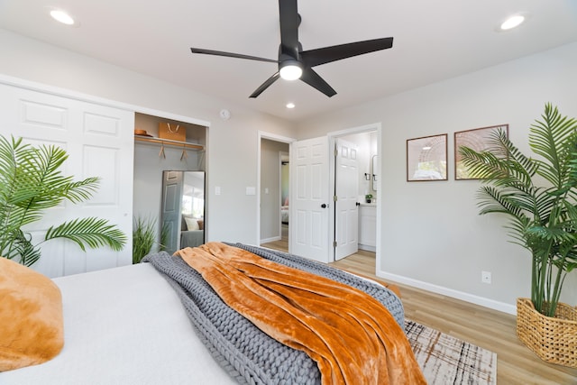 16-2148 Pukalani Dr, Pahoa, HI 96778 - bedroom with light wood-style floors, a closet, recessed lighting, ensuite bathroom, and a ceiling fan