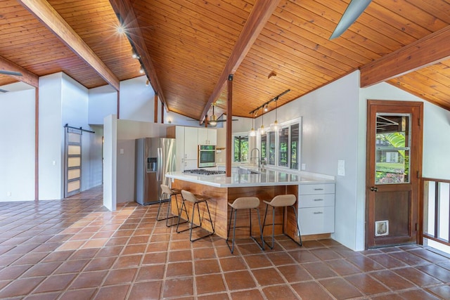 4417-B Kahili Makai St Unit D, Kilauea, HI 96754 - kitchen with stainless steel appliances, wood ceiling, rail lighting, light countertops, and white cabinets
