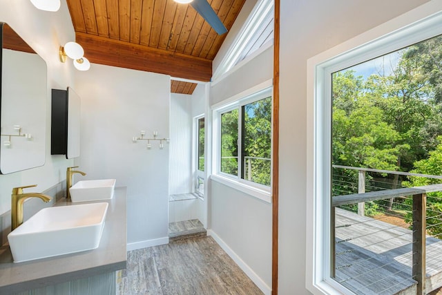 4417-B Kahili Makai St Unit D, Kilauea, HI 96754 - full bath with wood ceiling, wood finished floors, and double vanity