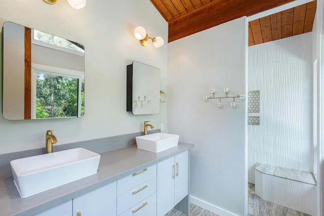 4417-B Kahili Makai St Unit D, Kilauea, HI 96754 - full bathroom featuring wood ceiling, double vanity, and lofted ceiling