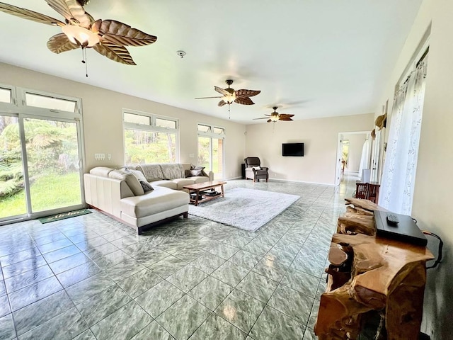 11-2920 S Apele Rd, Mountain View, HI 96771 - living area with a ceiling fan and marble look tiles