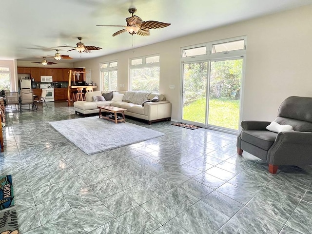 11-2920 S Apele Rd, Mountain View, HI 96771 - living room with a ceiling fan and dark marble finish floors